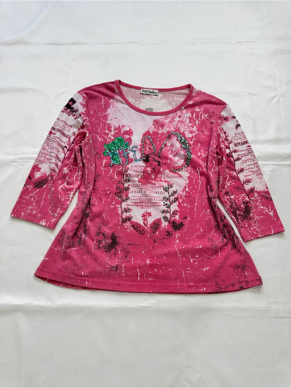 DQ DeQur Pink Butterfly Botanical Embellished 3/4 Sleeve Top Fits M/L